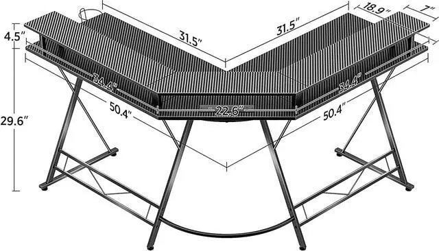 Alt view image 3 of 7 - L Shaped Gaming Desk with LED Lights & Power Outlets, 50.4 Computer Desk with Monitor Stand & Carbon Fiber Surface, Corner Desk with Cup Holder, Gaming Table with Hooks, Black