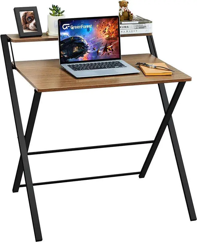 Main image of GreenForest Small Folding Desk No Assembly Required, Fully Unfold 27.3 x 22 inch 2-Tier Computer Desk with Shelf Space Saving Foldable Table for Small Spaces, Espresso