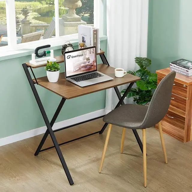 Alt view image 2 of 7 - GreenForest Small Folding Desk No Assembly Required, Fully Unfold 27.3 x 22 inch 2-Tier Computer Desk with Shelf Space Saving Foldable Table for Small Spaces, Espresso