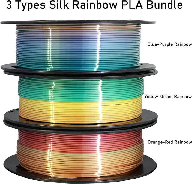 Alt view image 2 of 6 - 1.75mm Silk Fast Color Change Rainbow PLA, 3 Different Multi Color PLA Filament Bundle, Rainbow Orange-Red, Blue-Purple, Yellow-Green, 0.5kg 3 Spools Packed, Total 1.5kg 3D Printer Material by MIKA3D