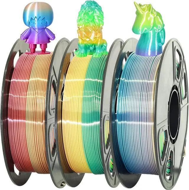 Alt view image 6 of 6 - 1.75mm Silk Fast Color Change Rainbow PLA, 3 Different Multi Color PLA Filament Bundle, Rainbow Orange-Red, Blue-Purple, Yellow-Green, 0.5kg 3 Spools Packed, Total 1.5kg 3D Printer Material by MIKA3D