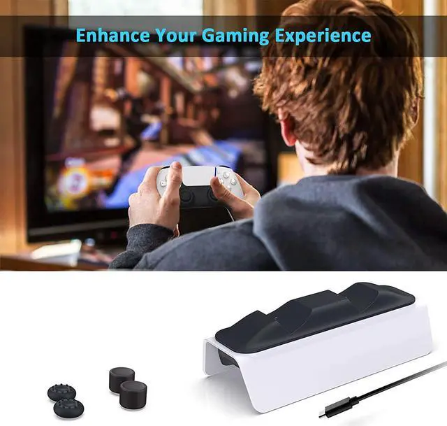 Alt view image 6 of 6 - NexiGo PS5 Controller Charger with Thumb Grip Kit, Fast Charging AC Adapter, Dualsense Charging Station Dock for Dual Playstation 5 Controllers with LED Indicator, White