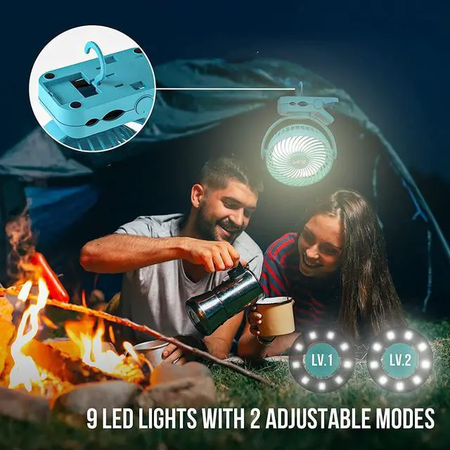 Alt view image 3 of 7 - Camping Fan with LED Light - 12000mAh 65Hrs Battery Powered Fan, Portable Rechargeable Fan with Output Ports, Clip On Fan, Tent Fan for Camping, Camp Fan for Tent, Ceiling Fan for Tent RV Bed, Blue