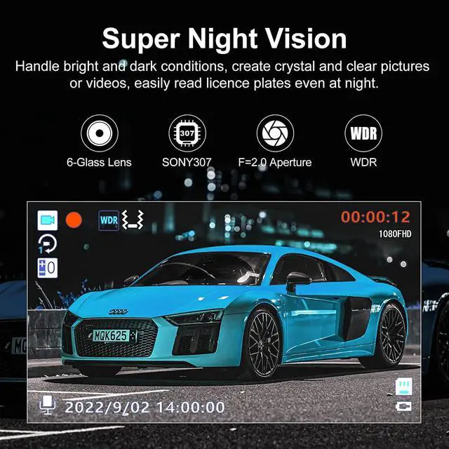 Alt view image 3 of 7 - Dash Cam AQV,3 inch Car Camera,Dash Cam Front 1080P FHD,170° Wide Angle,G-Sensor, Loop Recording, Parking Monitor, Motion Detection, WDR