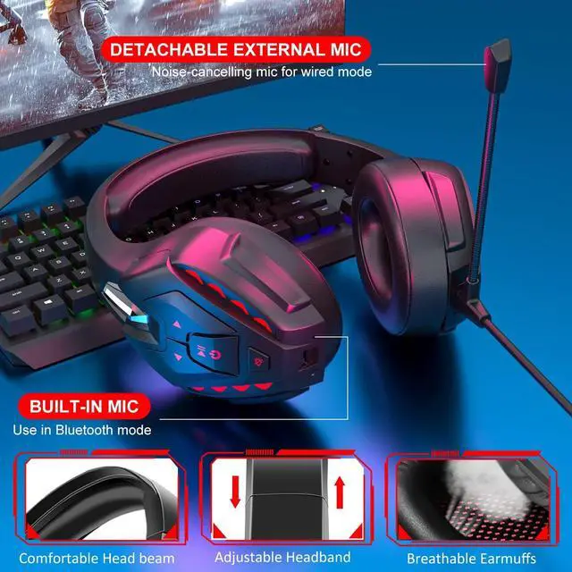 Alt view image 4 of 7 - PHOINIKAS Gaming Headset for Xbox one, PS5, PC, PS4 Headset with 7.1 Stereo Sound, Bluetooth Wireless Headset for Phone, Over Ear Headphones with Noise Cancelling Detachable Mic, Bluetooth Up to 40h
