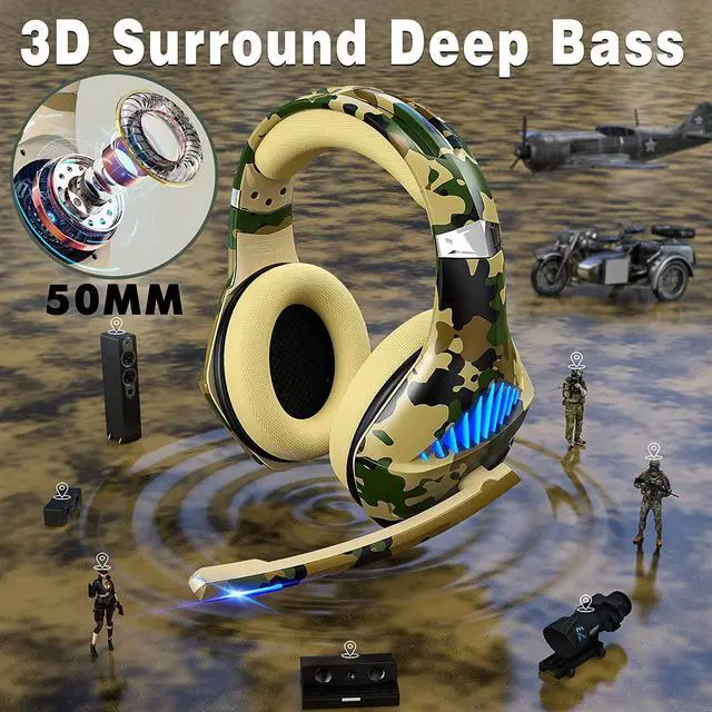 Alt view image 2 of 6 - Gaming Headset for PS5 PS4 Xbox ONE Switch PC with Noise Cancelling Over-Ear Stereo Bass Surround Sound Gaming Headphone -Camo