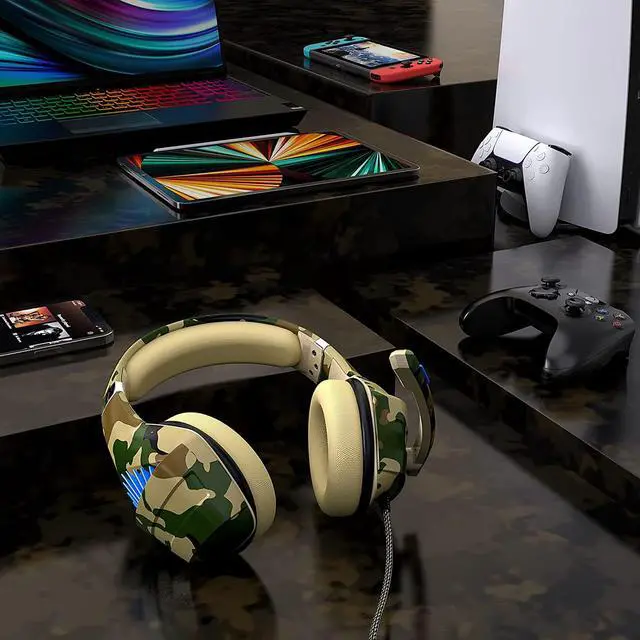 Alt view image 5 of 6 - Gaming Headset for PS5 PS4 Xbox ONE Switch PC with Noise Cancelling Over-Ear Stereo Bass Surround Sound Gaming Headphone -Camo
