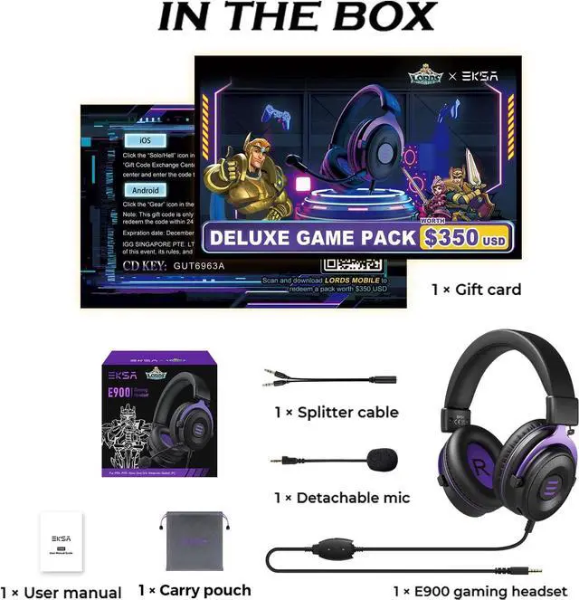 Alt view image 2 of 6 - EKSA E900 &Lords Mobile Gaming Headset, Gaming Headphones with Detachable Noise Canceling Microphone - 50 MM Drivers, Lightweight and Comfortable