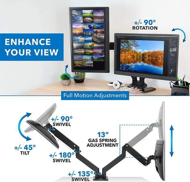 Alt view image 5 of 7 - MOUNT-IT! Heavy Duty Dual Monitor Desk Mount with USB 3.0 Ports | 33 lbs Capacity Per Arm | Adjustable Gas Spring, Double Arms for Computer Monitors, Full Motion Articulating, VESA (17-35 inches)