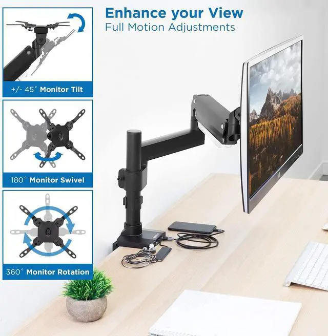 Alt view image 2 of 7 - Mount-It! Ultrawide Monitor Arm, Heavy Duty 34 Inch Monitor Desk Mount for Screens up to 35 Inch and 33 Lbs, Vesa 100x100 Compatible, Height Adjustable Gas Spring Arm with 2 USB 3.0 and Audio Ports