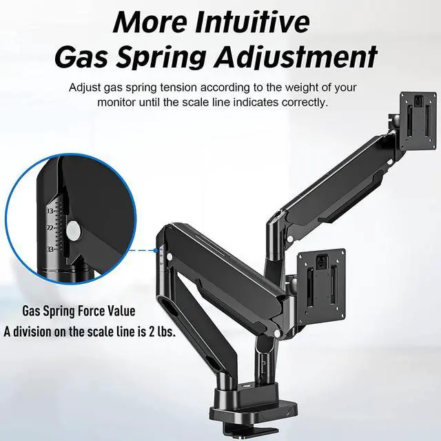 Alt view image 4 of 7 - MOUNTUP Dual Monitor Mount Fits 13-39 Screen, Ultrawide Dual Monitor Desk Mount Hold 4.4-33 lbs, Adjustable Gas Spring Double Monitor Arms, VESA Bracket with Clamp/Grommet, Computer Monitor Stand