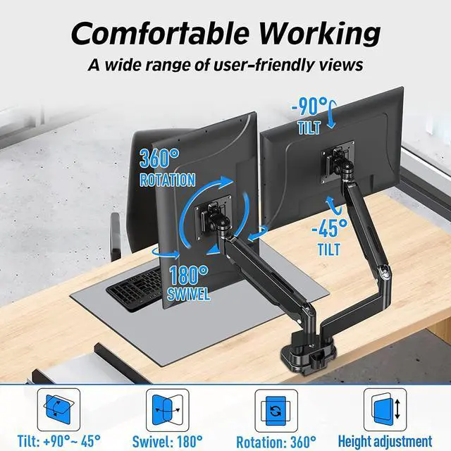 Alt view image 3 of 7 - MOUNTUP Dual Monitor Mount Fits 13-39 Screen, Ultrawide Dual Monitor Desk Mount Hold 4.4-33 lbs, Adjustable Gas Spring Double Monitor Arms, VESA Bracket with Clamp/Grommet, Computer Monitor Stand