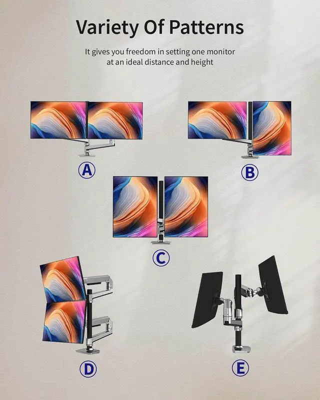 Alt view image 4 of 7 - Dual Monitor Mount, Holds Screens up to 40 Inches and 25 lbs, Fully Adjustable Dual Monitor Arm with C-Clamp and Grommet Base, Aluminum, Silver