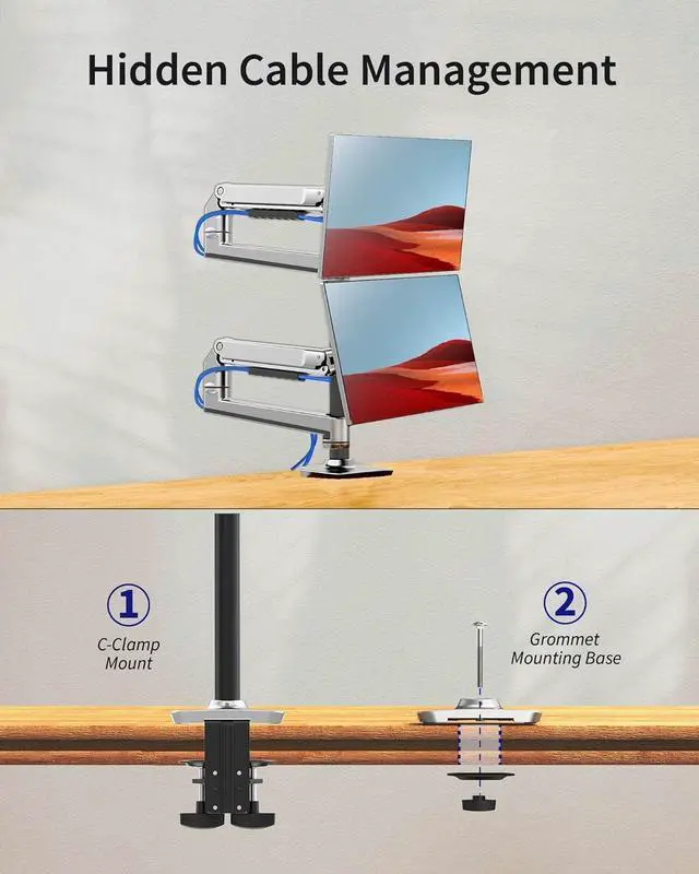 Alt view image 5 of 7 - Dual Monitor Mount, Holds Screens up to 40 Inches and 25 lbs, Fully Adjustable Dual Monitor Arm with C-Clamp and Grommet Base, Aluminum, Silver