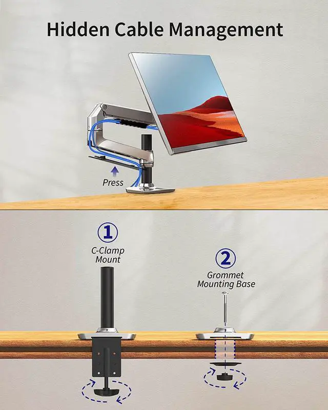 Alt view image 5 of 7 - Single Monitor Arm Desk Mount, Holds Screens up to 40 Inches and 25 lbs, Fully Adjustable Vesa Monitor Mount with C-Clamp and Grommet Base, Aluminum, Silver