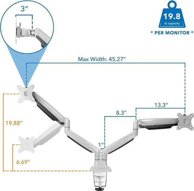 Alt view image 7 of 7 - M Dual Monitor Arm Desk Mount   Full Motion Dual Monitor Mount   Height Adjustable Gas Spring Dual Arm Monitor Desk Mount   Tilt and Swivel Monitor Mount Dual Screens   Silver (MI-1772)