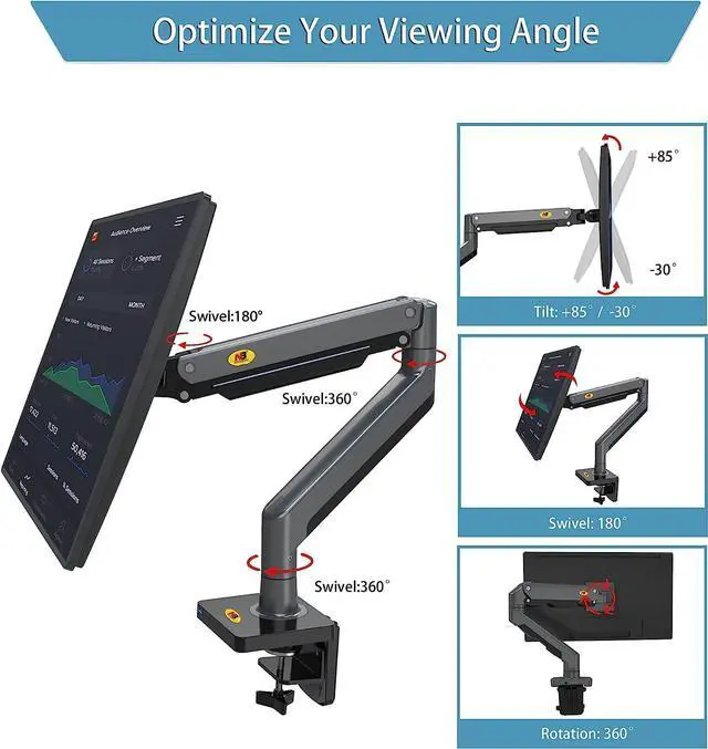 Alt view image 6 of 6 - NB North Bayou Monitor Arm Full Motion Swivel Monitor Mount with Gas Spring for 22''-40'' Monitors with Load Capacity from 4.4 to 33lbs Height Adjustable Monitor Stand G45