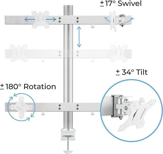 Alt view image 3 of 7 - Stand Steady 4 Monitor Mount Desk Setup - Heavy-Duty Height Adjustable Monitor Stand, Swivel Arm with Clamp-On Base, Four Screen VESA Mount Fits Most LCD/LED Monitors 17-32 in. (Silver, 4 Mounts)