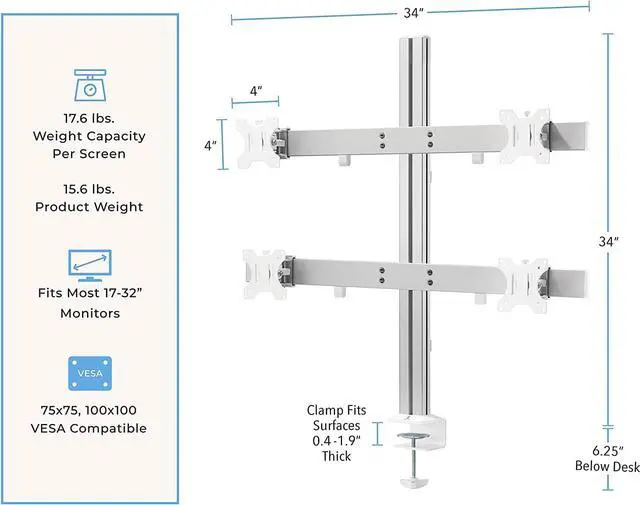 Alt view image 6 of 7 - Stand Steady 4 Monitor Mount Desk Setup - Heavy-Duty Height Adjustable Monitor Stand, Swivel Arm with Clamp-On Base, Four Screen VESA Mount Fits Most LCD/LED Monitors 17-32 in. (Silver, 4 Mounts)