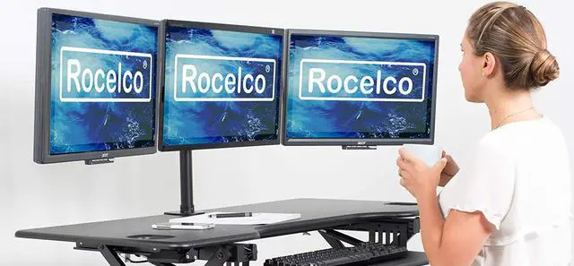 Alt view image 2 of 7 - Rocelco Premium Triple Monitor Desk Mount - Standard Pattern Fits 13" - 27" LED LCD Flat Computer Screen - Three Articulated Full Motion Adjustable Arms - Grommet and C Clamp - Black (R DM3)