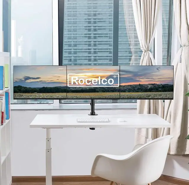 Alt view image 3 of 7 - Rocelco Premium Triple Monitor Desk Mount - Standard Pattern Fits 13" - 27" LED LCD Flat Computer Screen - Three Articulated Full Motion Adjustable Arms - Grommet and C Clamp - Black (R DM3)