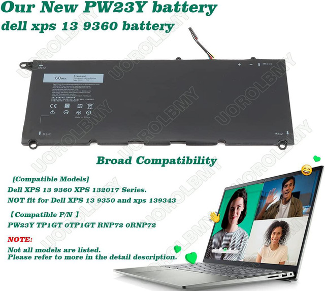 Batterie Pour Dell XPS 13 9360 / 2017 Série – Modèle PW23Y, 60Wh 7,6V, Li-Po 4 Cellules, Compatible TP1GT, RNP72