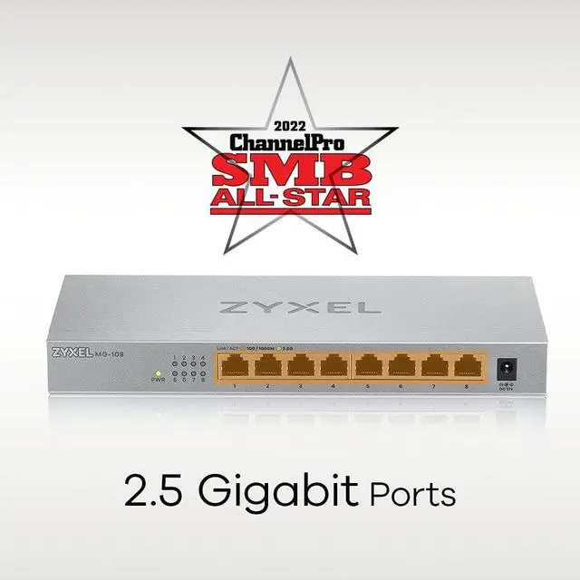 Alt view image 2 of 7 - Zyxel 8-Port 2.5GbB MultiGig Ethernet Unmanaged Switch | 8 x 100/1G/2.5G Mbps Ports | Plug & Play | Metal Housing | Desktop or Wall-Mount | Ethernet Splitter MG-108