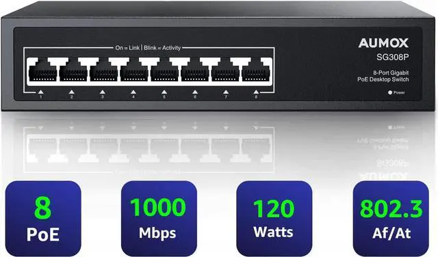 Main image of 8 Port Gigabit PoE Switch, 8 Port PoE 120W, Gigabit Ethernet Unmanaged Network Switch, Plug and Play, Sturdy Metal Housing, Traffic Optimization