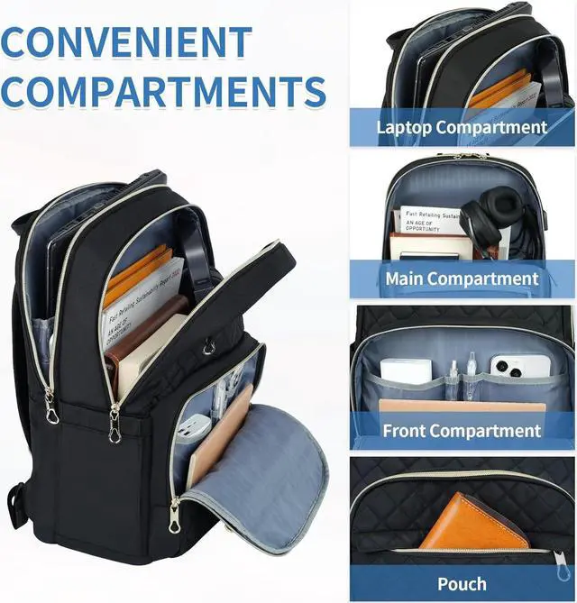 Alt view image 2 of 6 - Laptop Backpack 15.6 Inch Stylish Daypack with USB Charging Port Water-repellent Nylon Backpack Backpack for Travel/Business/Women/Black