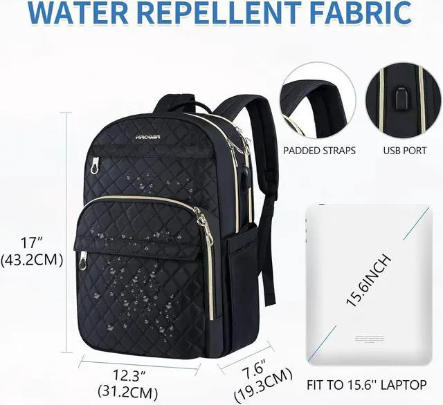 Alt view image 4 of 6 - Laptop Backpack 15.6 Inch Stylish Daypack with USB Charging Port Water-repellent Nylon Backpack Backpack for Travel/Business/Women/Black