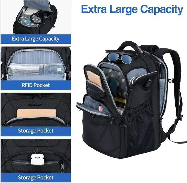 Alt view image 3 of 6 - KROSER TSA Friendly Travel Laptop Backpack 18.4 inch XXXL Gaming Backpack Water-Repellent College Daypack Business Backpack with RFID Pockets & USB Port for Men/Women-Black