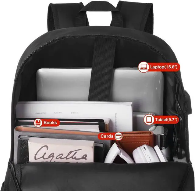 Alt view image 3 of 7 - YAMTION Black Backpack for Women Men,Casual School Backpack Teen Boys and Girls 15.6 Inch Laptop Bookbag with USB Charger for College High School Travel Business