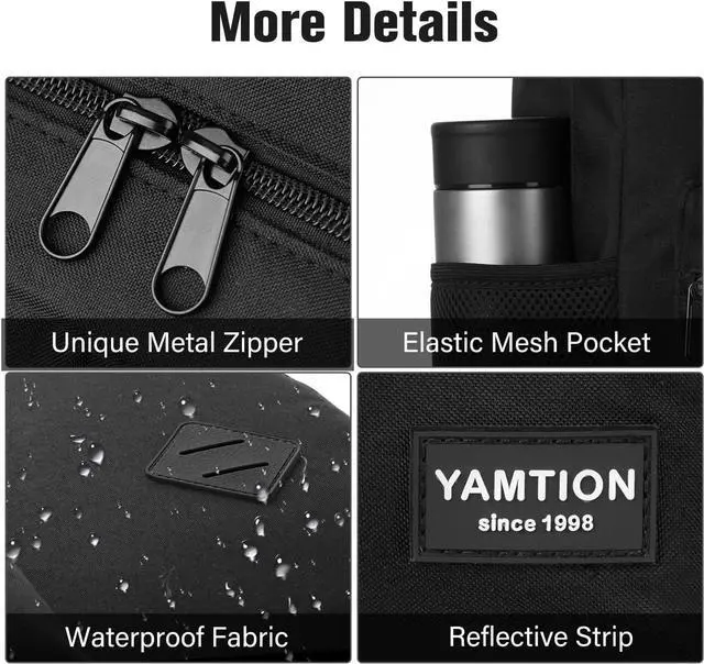 Alt view image 4 of 7 - YAMTION Black Backpack for Women Men,Casual School Backpack Teen Boys and Girls 15.6 Inch Laptop Bookbag with USB Charger for College High School Travel Business