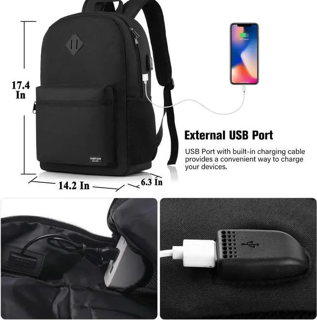 Alt view image 6 of 7 - YAMTION Black Backpack for Women Men,Casual School Backpack Teen Boys and Girls 15.6 Inch Laptop Bookbag with USB Charger for College High School Travel Business