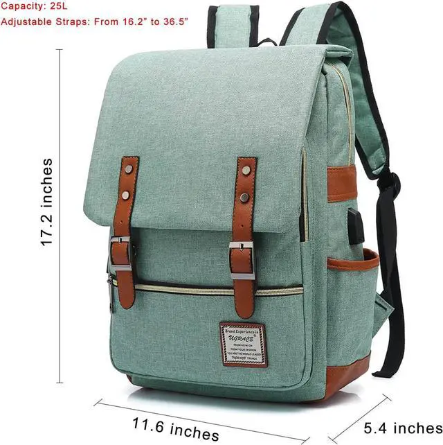 Alt view image 2 of 7 - UGRACE Vintage Laptop Backpack with USB Charging Port, Water Resistant Travelling Backpacks College Bag for Men Women, Fits up to 15.6Inch Laptop in Green