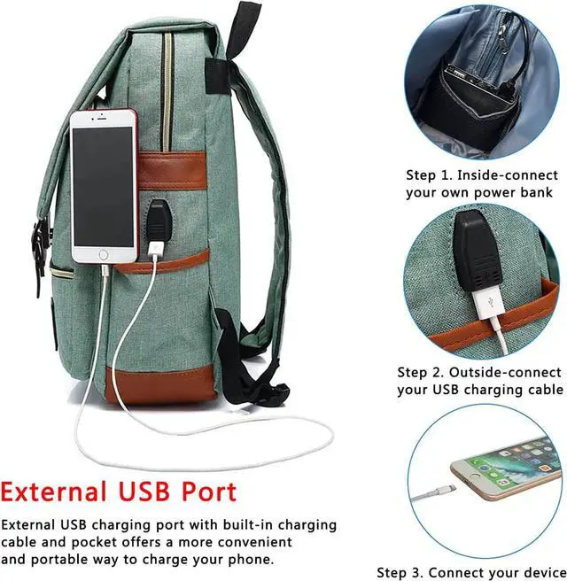 Alt view image 4 of 7 - UGRACE Vintage Laptop Backpack with USB Charging Port, Water Resistant Travelling Backpacks College Bag for Men Women, Fits up to 15.6Inch Laptop in Green