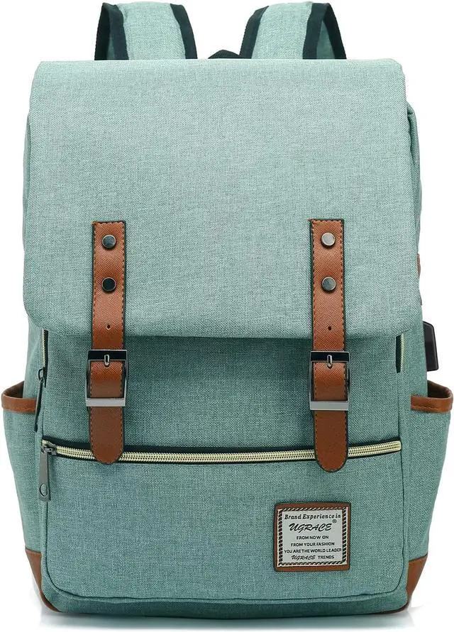 Alt view image 7 of 7 - UGRACE Vintage Laptop Backpack with USB Charging Port, Water Resistant Travelling Backpacks College Bag for Men Women, Fits up to 15.6Inch Laptop in Green