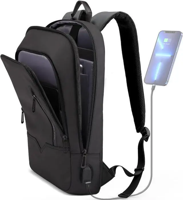 Main image of hk Backpack for Men Business Slim Backpack with USB Charger Computer Lightweight Anti-theft Travel Backpacks 15.6 inch Water Resistant Laptop Bag for Work Office College-Black