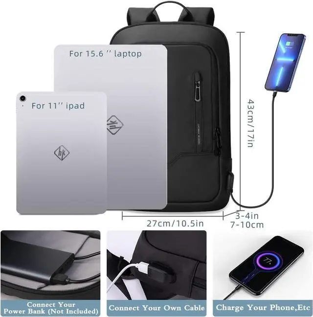 Alt view image 2 of 7 - hk Backpack for Men Business Slim Backpack with USB Charger Computer Lightweight Anti-theft Travel Backpacks 15.6 inch Water Resistant Laptop Bag for Work Office College-Black