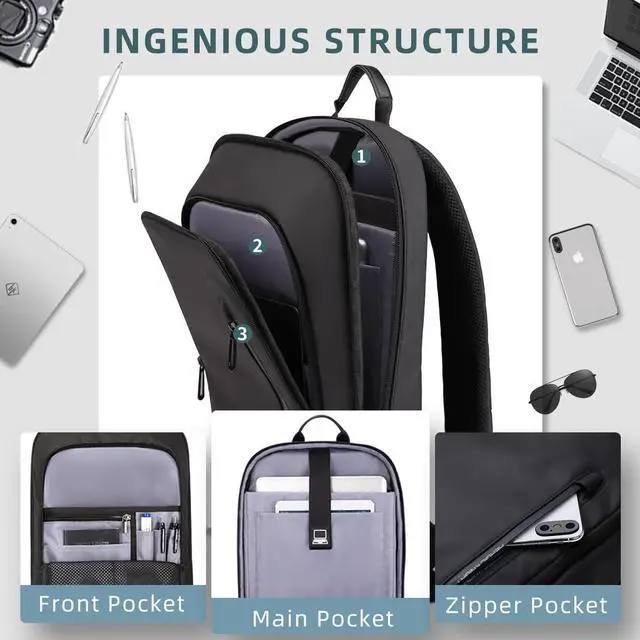 Alt view image 3 of 7 - hk Backpack for Men Business Slim Backpack with USB Charger Computer Lightweight Anti-theft Travel Backpacks 15.6 inch Water Resistant Laptop Bag for Work Office College-Black