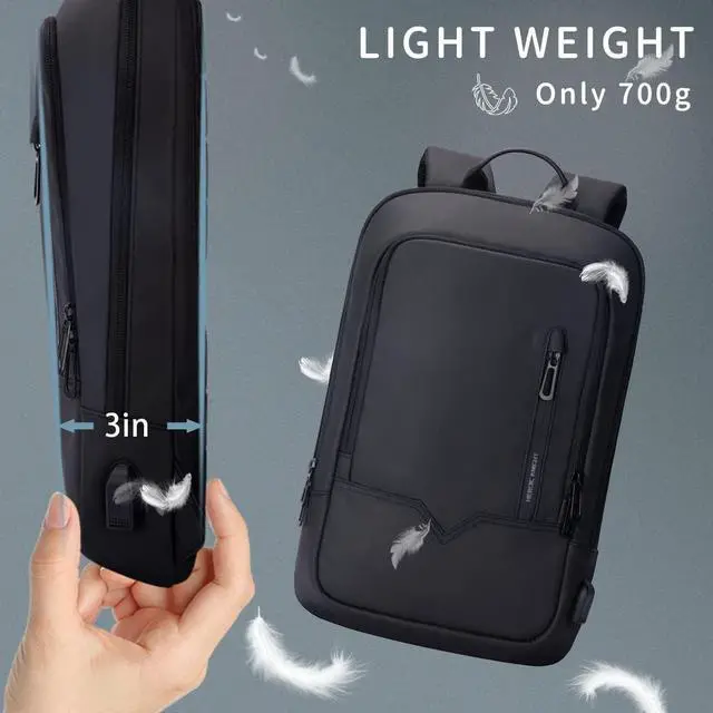 Alt view image 4 of 7 - hk Backpack for Men Business Slim Backpack with USB Charger Computer Lightweight Anti-theft Travel Backpacks 15.6 inch Water Resistant Laptop Bag for Work Office College-Black