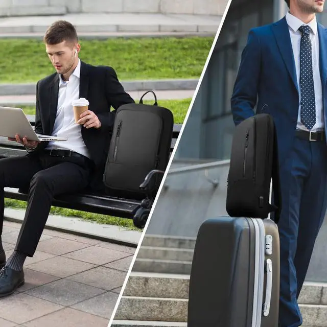 Alt view image 7 of 7 - hk Backpack for Men Business Slim Backpack with USB Charger Computer Lightweight Anti-theft Travel Backpacks 15.6 inch Water Resistant Laptop Bag for Work Office College-Black