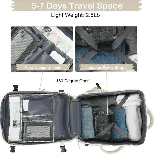 Alt view image 7 of 7 - Hanples Travel Backpack for Women as Person Item Flight Approved, Large Carry On Backpack, 17.3 Inch Laptop Backpack, Waterproof Backpack, Hiking Backpack, Casual Bag (Beige)