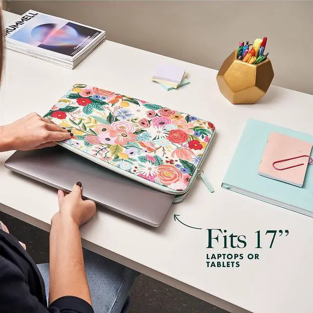 Alt view image 2 of 6 - Rifle Paper Co. Laptop Sleeve 17 - Laptop Carrying Case with Padded Exterior Satin Interior Metallic Zipper - Floral Laptop Bag For MacBook Pro/Air M2 13 inch HP Asus Dell - Garden Party Blush