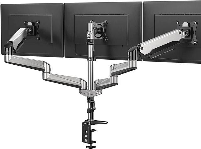 HUANUO Triple Monitor Stand - Full Motion Articulating Aluminum Gas Spring  Monitor Mount Fit Three 17 to 32 inch Flat/Curved LCD Computer Screens with  Clamp, Grommet Kit, Silver 