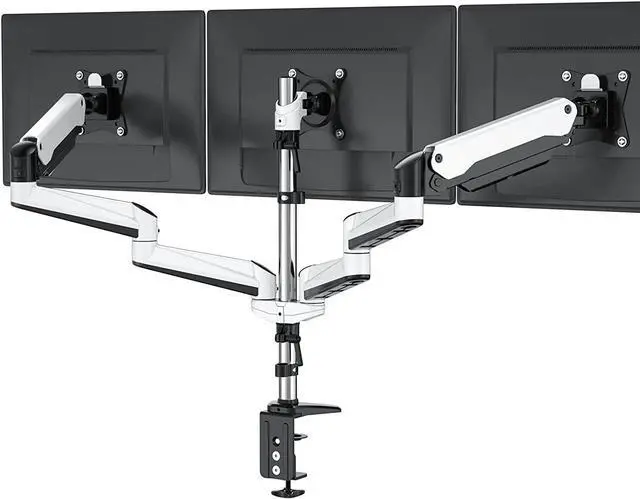 Main image of HUANUO Triple Monitor Stand - Full Motion Articulating Aluminum Gas Spring Monitor Mount Fit Three 17 to 32 inch Flat/Curved LCD Computer Screens with Clamp, Grommet Kit, White