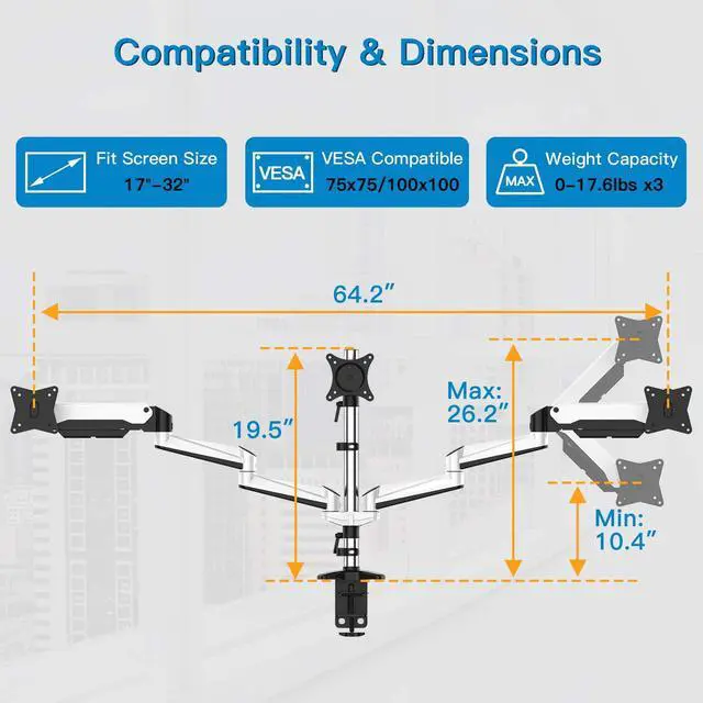 Alt view image 2 of 7 - HUANUO Triple Monitor Stand - Full Motion Articulating Aluminum Gas Spring Monitor Mount Fit Three 17 to 32 inch Flat/Curved LCD Computer Screens with Clamp, Grommet Kit, White