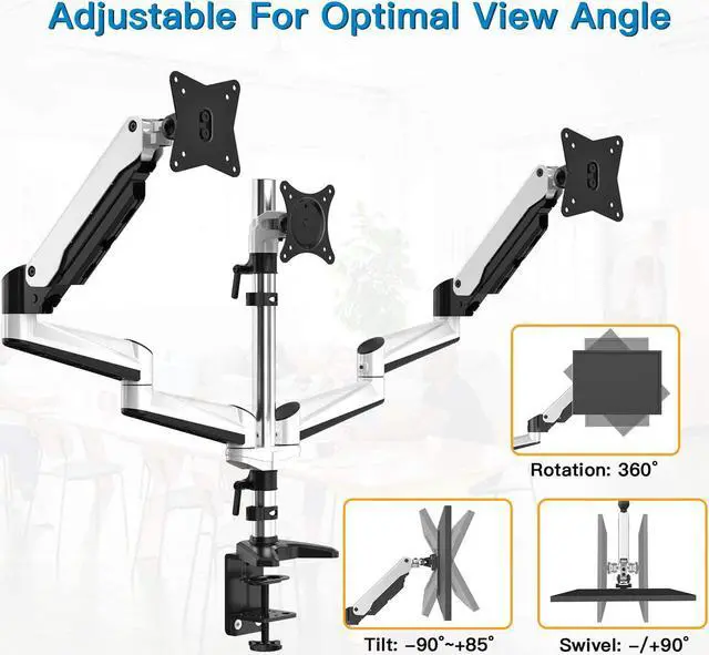 Alt view image 3 of 7 - HUANUO Triple Monitor Stand - Full Motion Articulating Aluminum Gas Spring Monitor Mount Fit Three 17 to 32 inch Flat/Curved LCD Computer Screens with Clamp, Grommet Kit, White