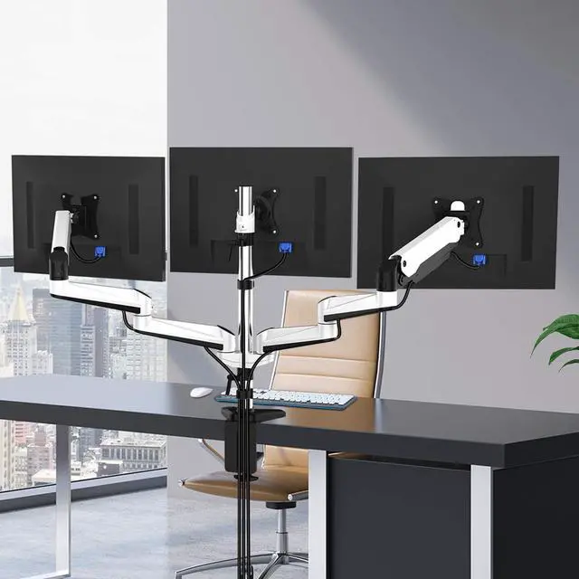 Alt view image 5 of 7 - HUANUO Triple Monitor Stand - Full Motion Articulating Aluminum Gas Spring Monitor Mount Fit Three 17 to 32 inch Flat/Curved LCD Computer Screens with Clamp, Grommet Kit, White
