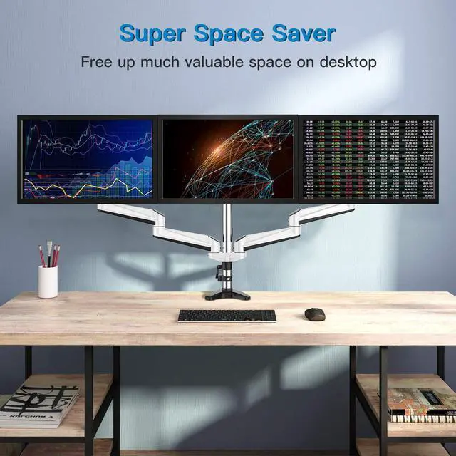 Alt view image 6 of 7 - HUANUO Triple Monitor Stand - Full Motion Articulating Aluminum Gas Spring Monitor Mount Fit Three 17 to 32 inch Flat/Curved LCD Computer Screens with Clamp, Grommet Kit, White
